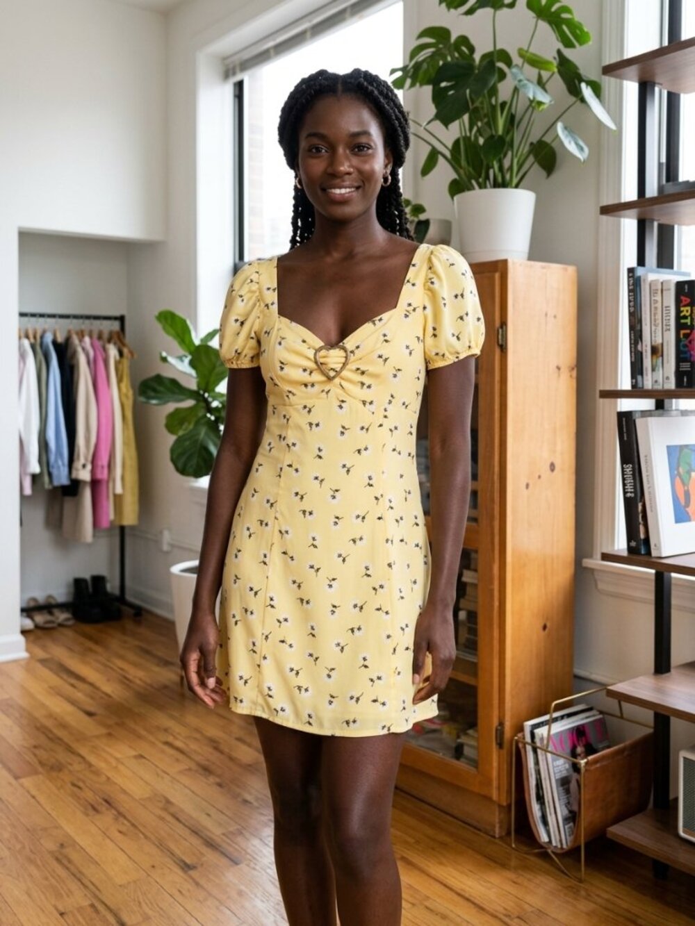 Yellow floral print puff short sleeves dress